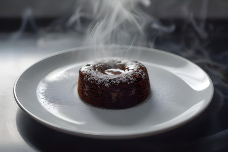 Chocolate pudding on a white plate with smoke on a black backgroundの素材
