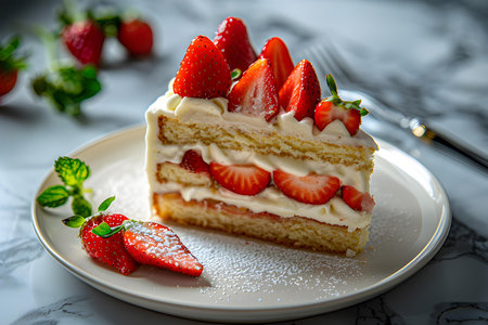 Strawberry cake with fresh strawberries on a white plate, squareの素材