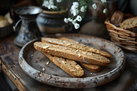 Biscotti with almonds on a wooden tableの素材