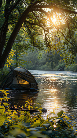 Camping tent on the river in the morningの素材