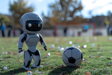 3d rendering of robot playing soccer on grass field with blurred backgroundの素材