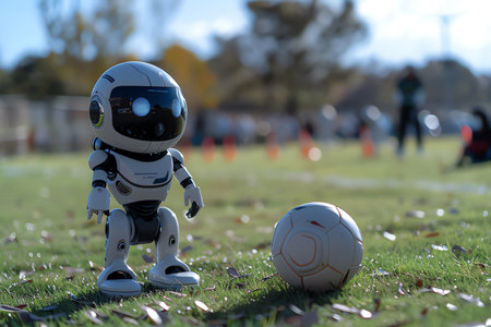 Robot toy with soccer ball on green grass field during soccer matchの素材