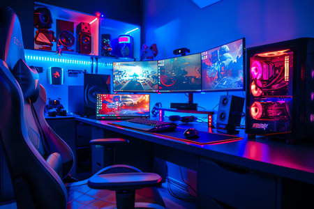 Modern gaming room with computer monitors and a chairの素材