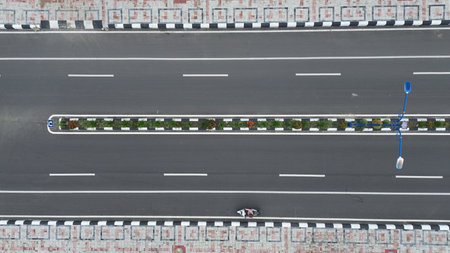 Aerial view of a highway with cars. Top view of the road.