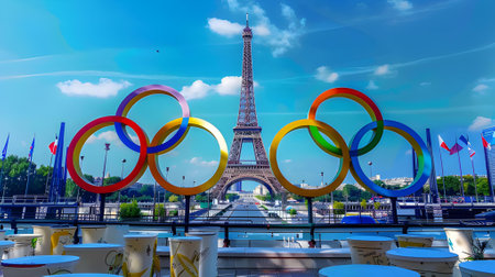 Olympic rings with Eiffel Tower background. Paris 2024 Olympics conceptの素材