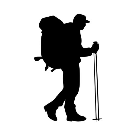 Hiker with backpack vector silhouette illustration isolated on white background. Hiking, trekking, mountaineering and trekking.のイラスト素材