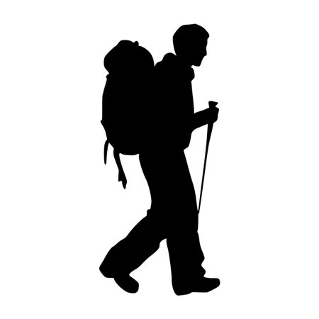 Vector silhouette of a man with a backpack on a white background.のイラスト素材
