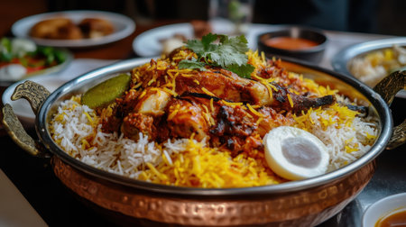 Biryani served on a plate with boiled eggs and vegetables. Arab foodの素材