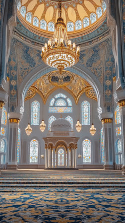 Interior View of Mosque with Geometric Patterns, Chandeliers, and Prayer Matsの素材