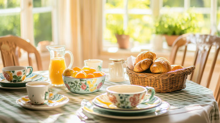 Table for Two with Fresh Croissants, Fruit, and Orange Juice in Sunlit Kitchenの素材