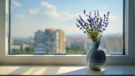 Vase with lavender flowers on the windowsill in the morningの素材