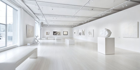 Panoramic view of modern art gallery interior. 3D renderingの素材