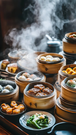 Chinese dim sum in bamboo steamer, traditional chinese cuisine.の素材