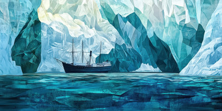 Illustration of a ship in the ocean with icebergs in the backgroundの素材