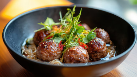 Meatballs with rice noodles in a black bowl on a wooden tableの素材