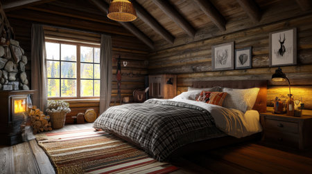 Interior of a wooden cottage with a double bed. 3d renderの素材