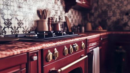 Kitchen interior with built-in gas stove, ovens and ovens.の素材