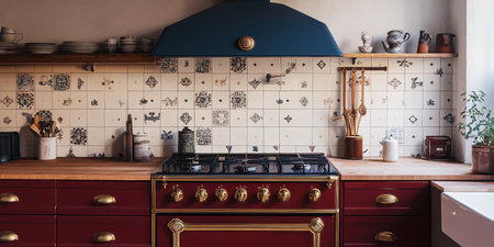 Interior of a modern kitchen with red and white tiles. Interior designの素材