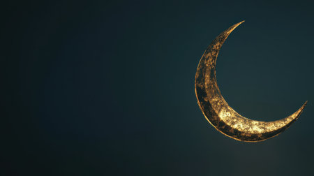 Golden crescent moon on dark blue background. Ramadan Kareem concept.の素材