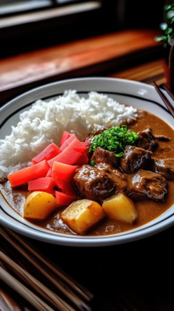Beef curry japanese style with rice and vegetables in a bowlの素材