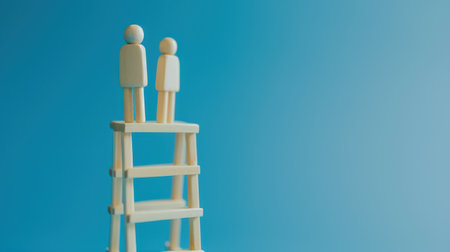 Wooden ladder on blue background. Business and success concept. Copy space.の素材