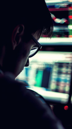 Portrait of a young man in glasses looking at the monitor of a computerの素材