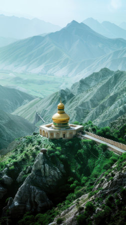 Mosque with Golden Dome on Steep Mountain Peak Overlooking Green Valley and Distant Rangesの素材