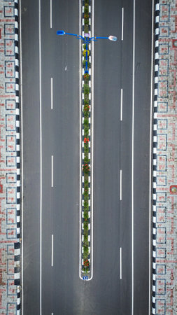 Aerial view of a motorway in the city. Top view