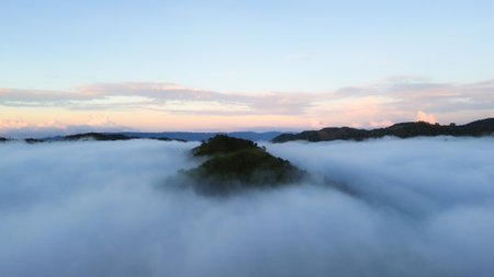 Beautiful panorama of foggy mountain in the morning, Indonesia
