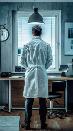 Rear view of a male doctor in a lab coat looking out the window.の素材