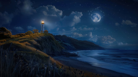 Lighthouse on the beach at night with moon and starsの素材