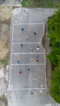 Aerial view of a volleyball court.
