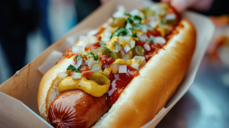 Delicious hot dog with pickles, ketchup, mustard and onionsの素材