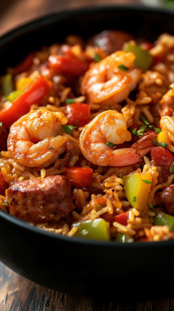 Fried rice with shrimps and vegetables, close-up. Jambalayaの素材