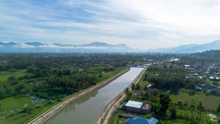 Panoramic view of the river and the village in Indonesia.