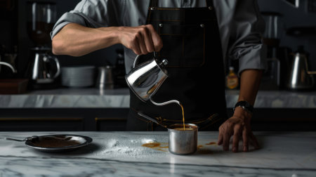 cropped view of barista pouring coffee from coffee machine in cupの素材