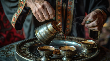Turkish coffee in a copper cup, close-up of hands.の素材