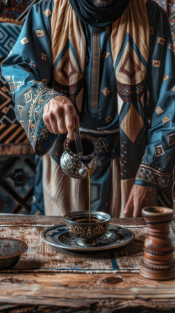 A man in a turkish national costume pours hot tea into a cup.の素材