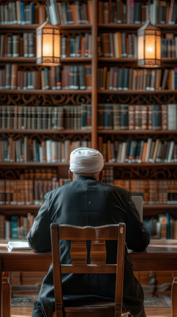 Rear view of a Muslim man sitting in a library and reading a bookの素材