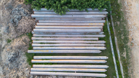 Aerial view of old rusty metal pipes in a construction site.の写真素材
