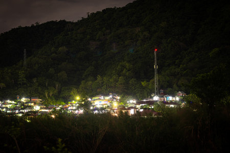 Night view of the village in the mountains. Long exposure photography.