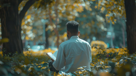 Young man reading a book in the park. Selective focus.の素材