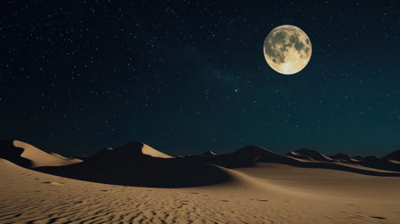 Moon over sand dunes in the desert at night. 3d renderingの素材