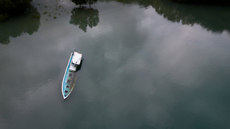 Aerial View of Abandoned Boat in seaの写真素材