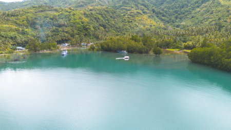 Aerial view of beautiful blue lake in the mountains, Thailand.