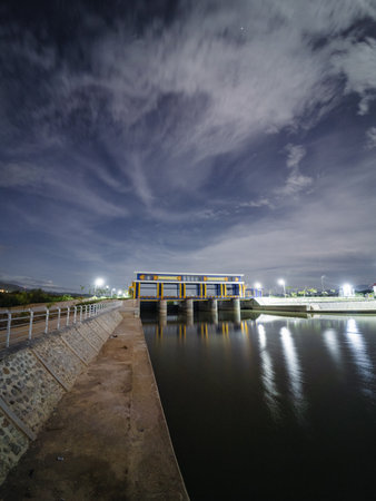 Landscape view of the dam at night.の写真素材