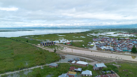 Aerial view of a village in the middle of the river.の写真素材