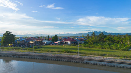 Aerial View of Countryside Town by the Riverの写真素材
