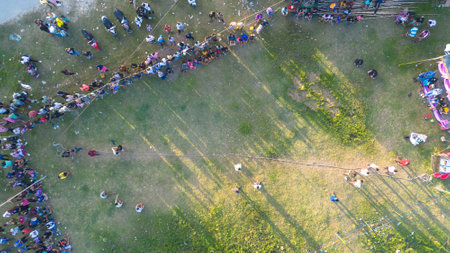 Aerial View of Crowd at Outdoor Event. tug of warの写真素材