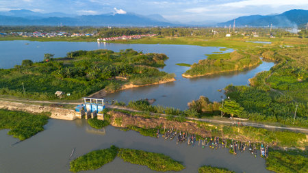 Aerial View of Dam and Lake Landscapeの写真素材